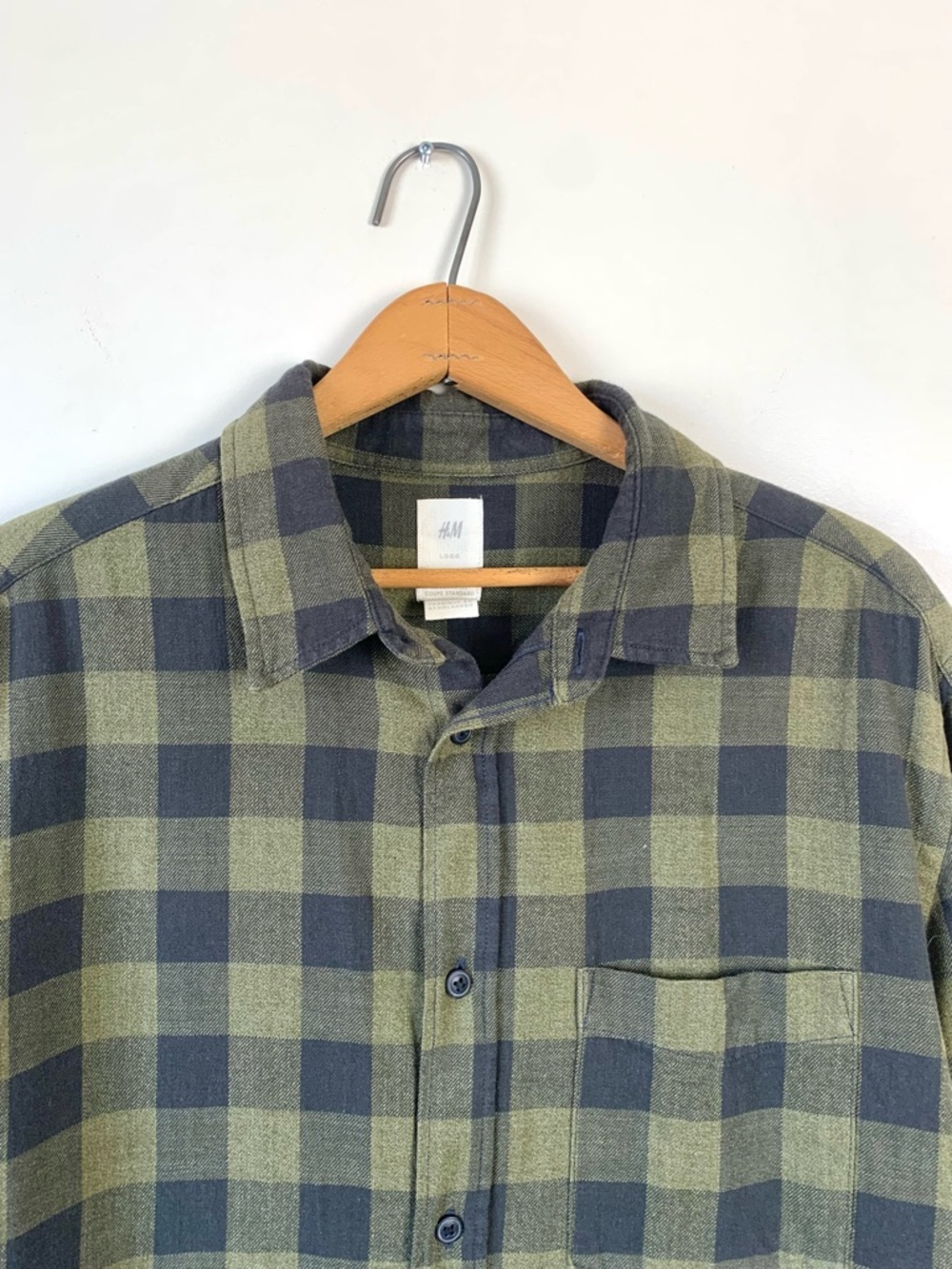 H&M Olive Green Plaid 100% Cotton Button Up Long Sleeve Large - Picture 2 of 6